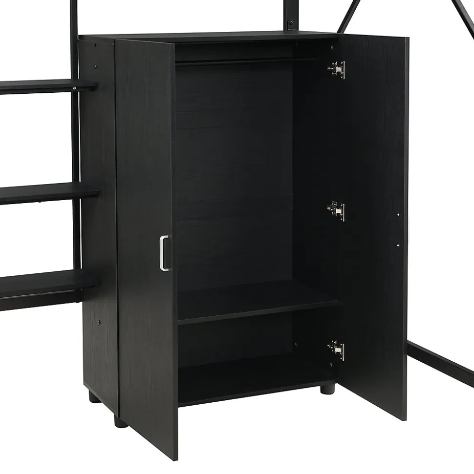 Lit mezzanine 140x200 cm avec bureau et étagère de rangement - avec garde-robe - Métal + MDF - Noir (sans matelas)