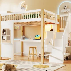 Lit mezzanine 140x200 cm avec bureau et escalier de rangement - lit ado gain de place - pin MDF blanc naturel - sans matelas