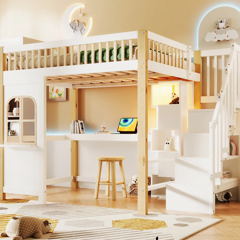 Lit mezzanine 140x200 cm avec bureau et escalier de rangement - lit ado gain de place - pin MDF blanc naturel - sans matelas