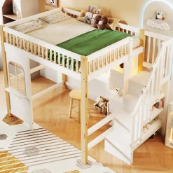 Lit mezzanine 140x200 cm avec bureau et escalier de rangement - lit ado gain de place - pin MDF blanc naturel - sans matelas