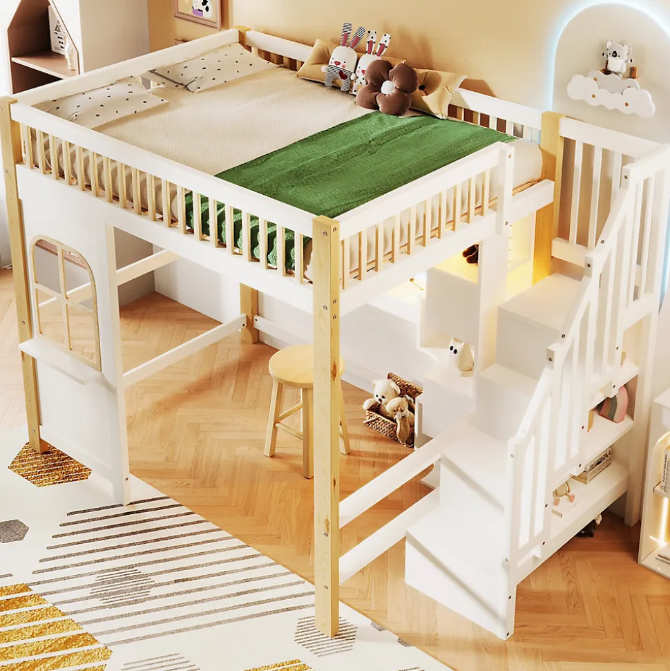 Lit mezzanine 140x200 cm avec bureau et escalier de rangement - lit ado gain de place - pin MDF blanc naturel - sans matelas