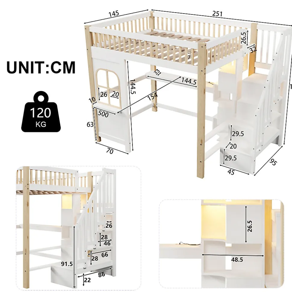 Lit mezzanine 140x200 cm avec bureau et escalier de rangement - lit ado gain de place - pin MDF blanc naturel - sans matelas