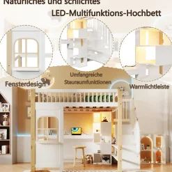 Lit mezzanine 140x200 cm avec bureau et escalier de rangement - lit ado gain de place - pin MDF blanc naturel - sans matelas