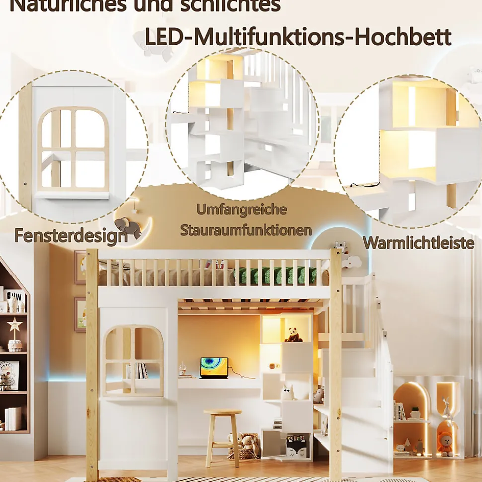 Lit mezzanine 140x200 cm avec bureau et escalier de rangement - lit ado gain de place - pin MDF blanc naturel - sans matelas