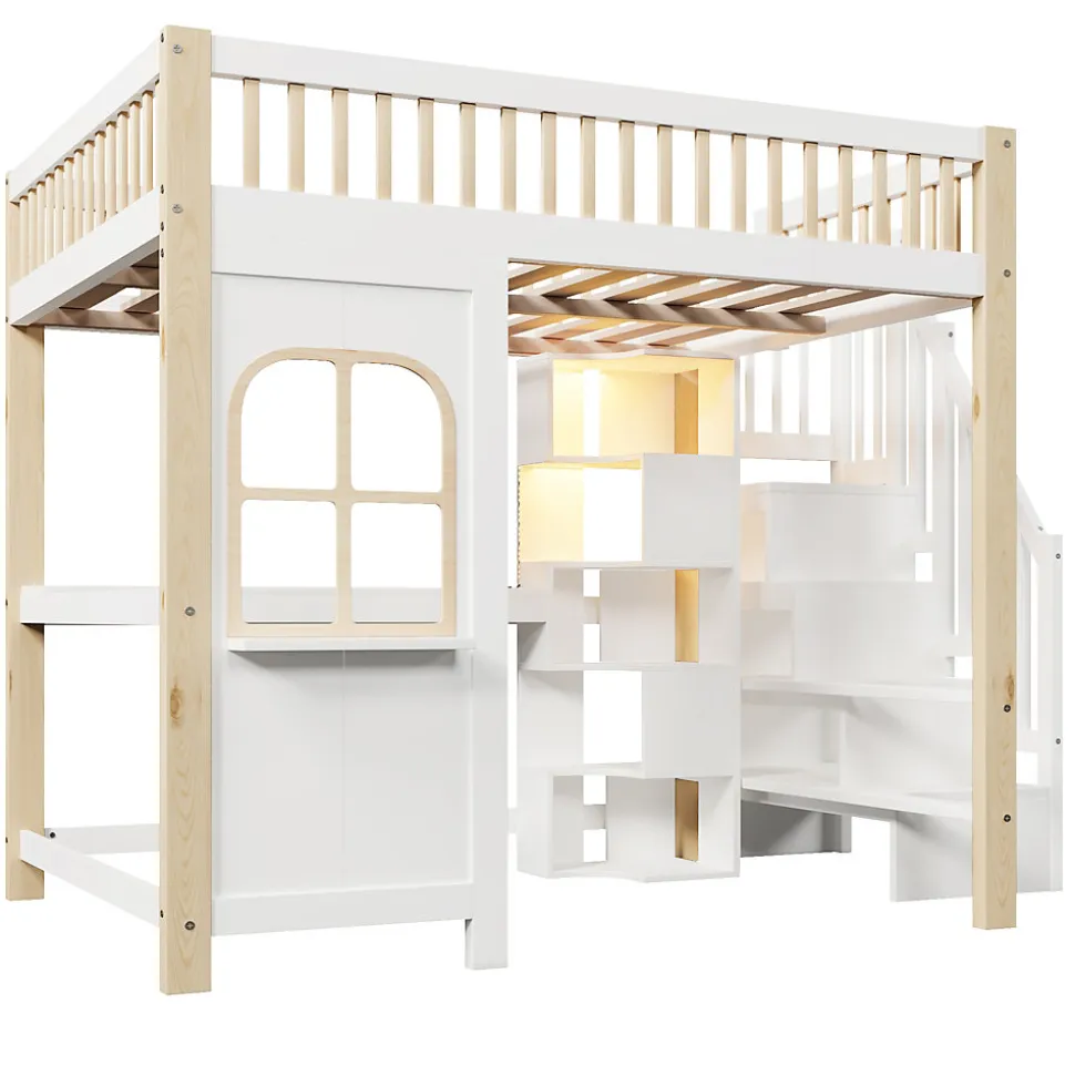 Lit mezzanine 140x200 cm avec bureau et escalier de rangement - lit ado gain de place - pin MDF blanc naturel - sans matelas