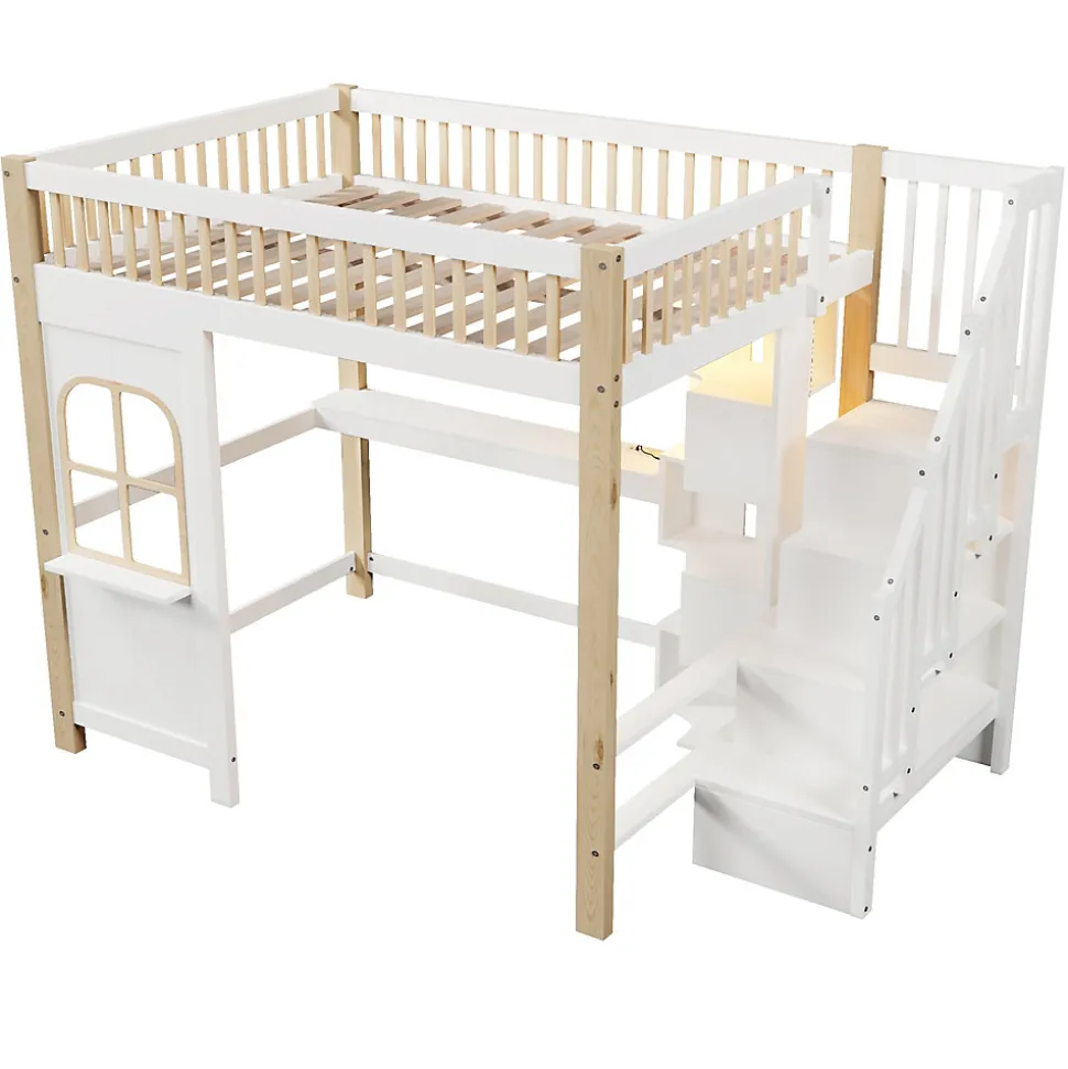 Lit mezzanine 140x200 cm avec bureau et escalier de rangement - lit ado gain de place - pin MDF blanc naturel - sans matelas