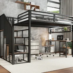 Lit mezzanine 120x200 cm avec bureau et étagère - escaliers avec rampes - Métal+panneaux de particules - Noir (sans matelas)