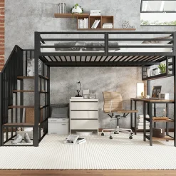 Lit mezzanine 120x200 cm avec bureau et étagère - escaliers avec rampes - Métal+panneaux de particules - Noir (sans matelas)