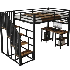 Lit mezzanine 120x200 cm avec bureau et étagère - escaliers avec rampes - Métal+panneaux de particules - Noir (sans matelas)