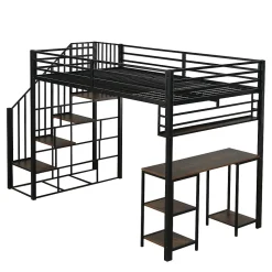 Lit mezzanine 120x200 cm avec bureau et étagère - escaliers avec rampes - Métal+panneaux de particules - Noir (sans matelas)