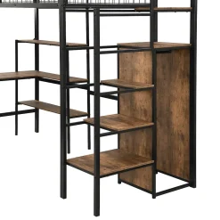 Lit mezzanine 90x200 cm avec bureau, placard et étagères, structure métal robuste, noir, sans matelas