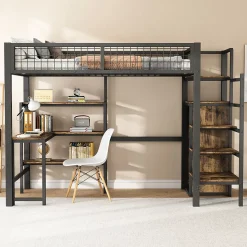 Lit mezzanine 90x200 cm avec bureau, placard et étagères, structure métal robuste, noir, sans matelas