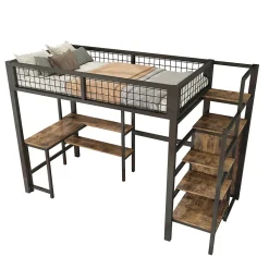 Lit mezzanine 90x200 cm avec bureau, placard et étagères, structure métal robuste, noir, sans matelas