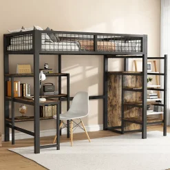 Lit mezzanine 90x200 cm avec bureau, placard et étagères, structure métal robuste, noir, sans matelas