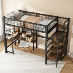 Lit mezzanine 90x200 cm avec bureau, placard et étagères, structure métal robuste, noir, sans matelas