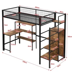 Lit mezzanine 90x200 cm avec bureau, placard et étagères, structure métal robuste, noir, sans matelas