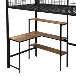 Lit mezzanine 90x200 cm avec bureau, placard et étagères, structure métal robuste, noir, sans matelas