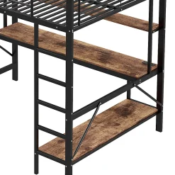 Lit mezzanine 140x200 cm avec bureau, étagères, LED et prise USB - lit ado/enfant gain de place - métal noir - sans matelas