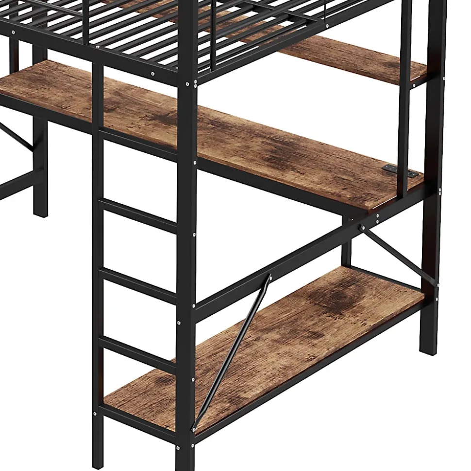 Lit mezzanine 140x200 cm avec bureau, étagères, LED et prise USB - lit ado/enfant gain de place - métal noir - sans matelas