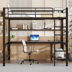 Lit mezzanine 140x200 cm avec bureau, étagères, LED et prise USB - lit ado/enfant gain de place - métal noir - sans matelas