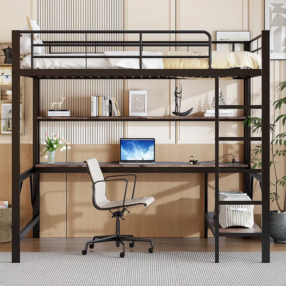 Lit mezzanine 140x200 cm avec bureau, étagères, LED et prise USB - lit ado/enfant gain de place - métal noir - sans matelas