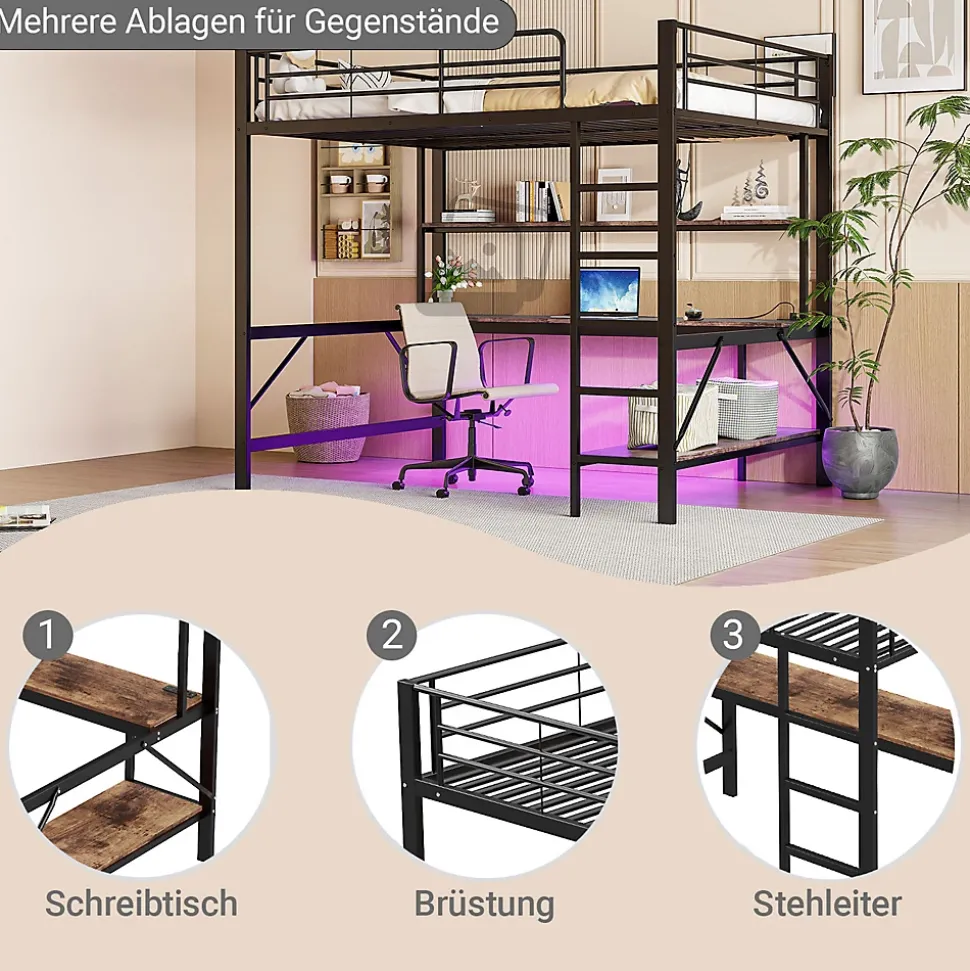 Lit mezzanine 140x200 cm avec bureau, étagères, LED et prise USB - lit ado/enfant gain de place - métal noir - sans matelas