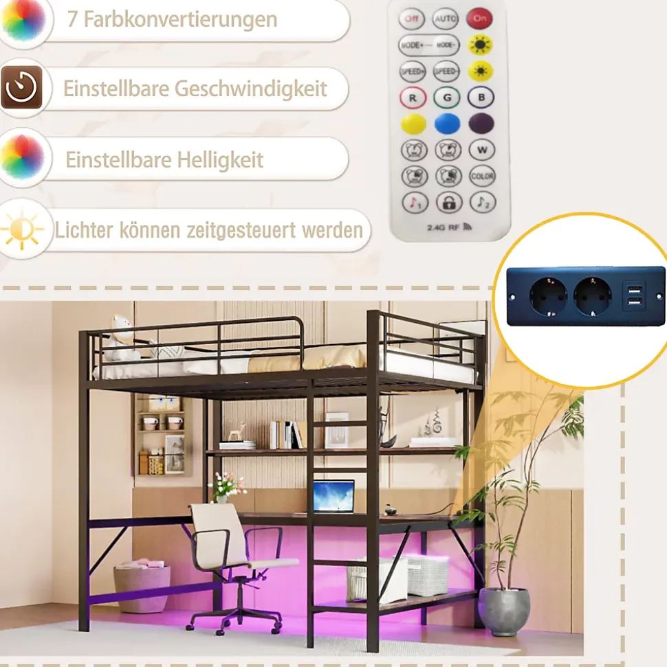 Lit mezzanine 140x200 cm avec bureau, étagères, LED et prise USB - lit ado/enfant gain de place - métal noir - sans matelas