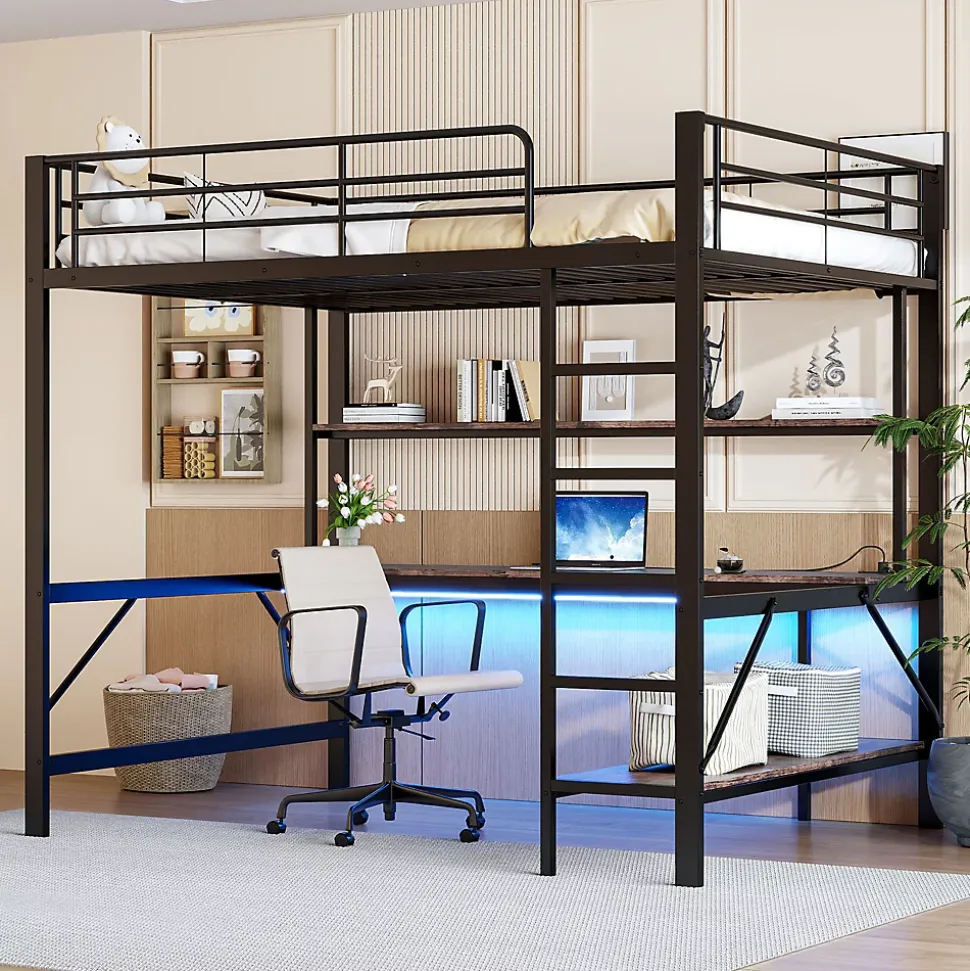Lit mezzanine 140x200 cm avec bureau, étagères, LED et prise USB - lit ado/enfant gain de place - métal noir - sans matelas