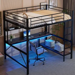 Lit mezzanine 140x200 cm avec bureau, étagères, LED et prise USB - lit ado/enfant gain de place - métal noir - sans matelas