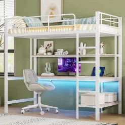 Lit mezzanine 90x200 cm avec bureau intégré, étagères, LED et prise USB, lit ado/enfant gain de place - métal blanc - sans matelas