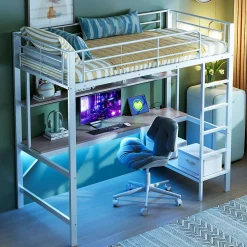 Lit mezzanine 90x200 cm avec bureau intégré, étagères, LED et prise USB, lit ado/enfant gain de place - métal blanc - sans matelas