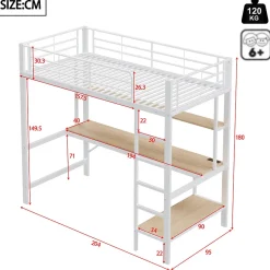 Lit mezzanine 90x200 cm avec bureau intégré, étagères, LED et prise USB, lit ado/enfant gain de place - métal blanc - sans matelas