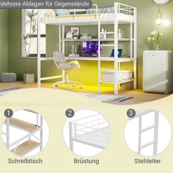 Lit mezzanine 90x200 cm avec bureau intégré, étagères, LED et prise USB, lit ado/enfant gain de place - métal blanc - sans matelas