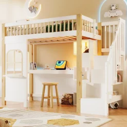 Lit Mezzanine 90x200 cm avec Bureau, LED et Escalier de Rangement - Sans Matelas - Pin et MDF - Blanc et Naturel