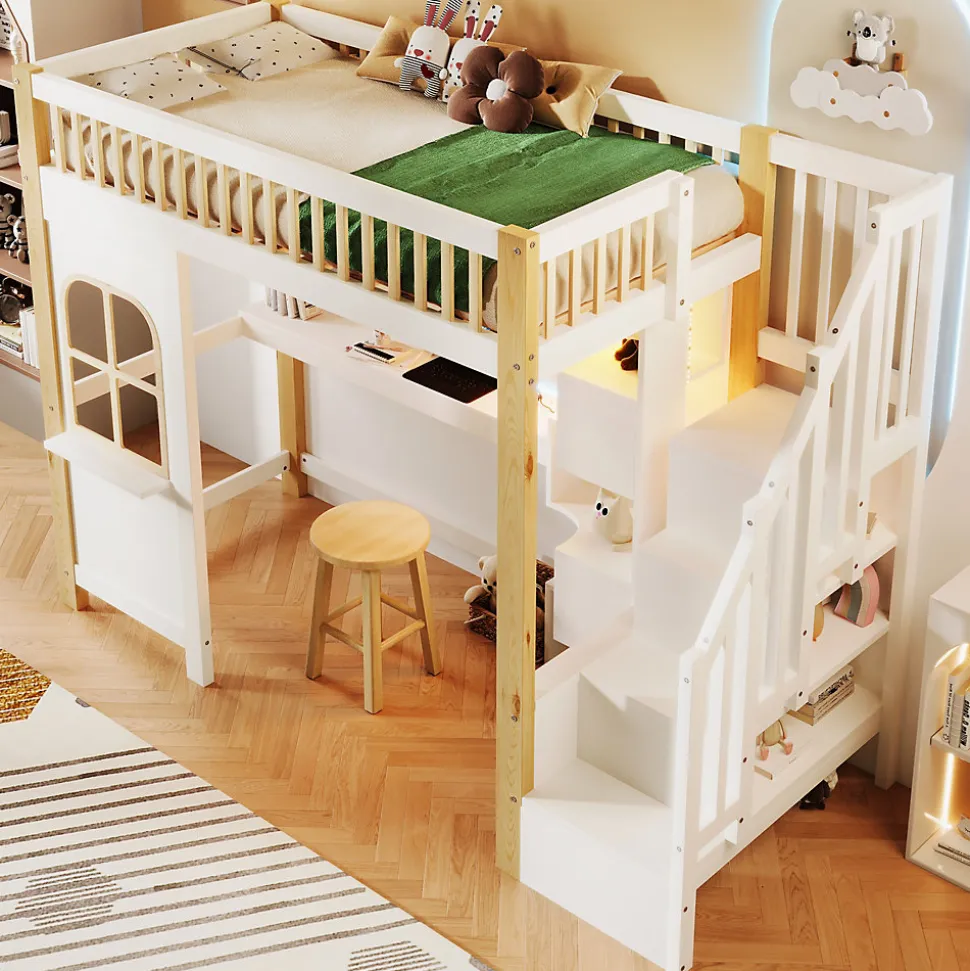 Lit Mezzanine 90x200 cm avec Bureau, LED et Escalier de Rangement - Sans Matelas - Pin et MDF - Blanc et Naturel