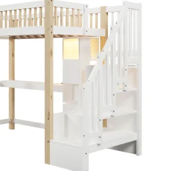 Lit Mezzanine 90x200 cm avec Bureau, LED et Escalier de Rangement - Sans Matelas - Pin et MDF - Blanc et Naturel