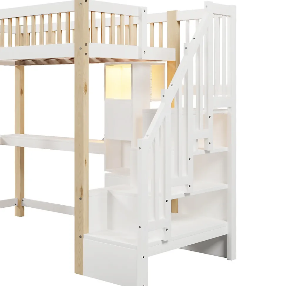 Lit Mezzanine 90x200 cm avec Bureau, LED et Escalier de Rangement - Sans Matelas - Pin et MDF - Blanc et Naturel