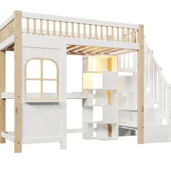 Lit Mezzanine 90x200 cm avec Bureau, LED et Escalier de Rangement - Sans Matelas - Pin et MDF - Blanc et Naturel