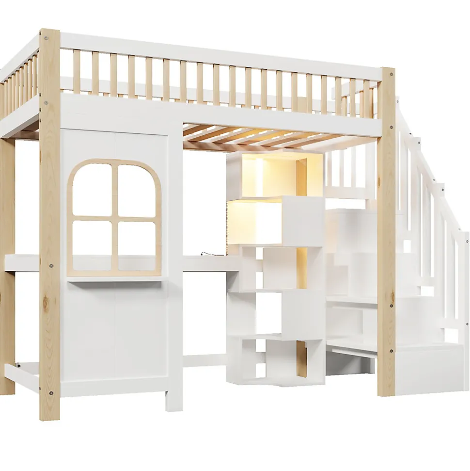 Lit Mezzanine 90x200 cm avec Bureau, LED et Escalier de Rangement - Sans Matelas - Pin et MDF - Blanc et Naturel