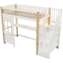 Lit Mezzanine 90x200 cm avec Bureau, LED et Escalier de Rangement - Sans Matelas - Pin et MDF - Blanc et Naturel