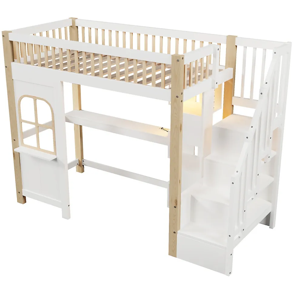 Lit Mezzanine 90x200 cm avec Bureau, LED et Escalier de Rangement - Sans Matelas - Pin et MDF - Blanc et Naturel