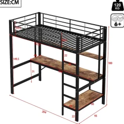 Lit mezzanine 90x200 cm avec bureau intégré, étagères, LED et prise USB - lit ado/enfant gain de place - métal noir - sans matelas