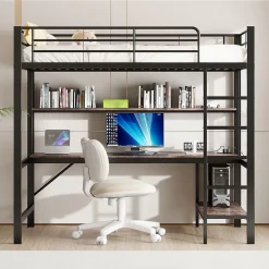 Lit mezzanine 90x200 cm avec bureau intégré, étagères, LED et prise USB - lit ado/enfant gain de place - métal noir - sans matelas