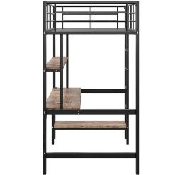 Lit mezzanine 90x200 cm avec bureau intégré, étagères, LED et prise USB - lit ado/enfant gain de place - métal noir - sans matelas