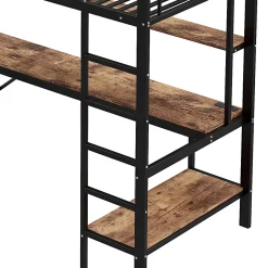 Lit mezzanine 90x200 cm avec bureau intégré, étagères, LED et prise USB - lit ado/enfant gain de place - métal noir - sans matelas