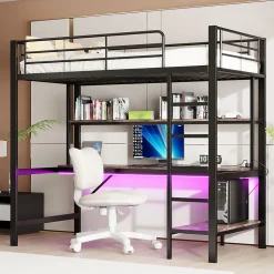 Lit mezzanine 90x200 cm avec bureau intégré, étagères, LED et prise USB - lit ado/enfant gain de place - métal noir - sans matelas