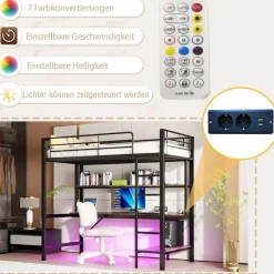 Lit mezzanine 90x200 cm avec bureau intégré, étagères, LED et prise USB - lit ado/enfant gain de place - métal noir - sans matelas