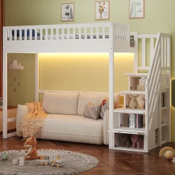 Lit mezzanine 90x200 cm avec échelle de sécurité - avec barrières de sécurité - lumières LED - blanc (sans matelas)