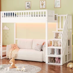 Lit mezzanine 90x200 cm avec échelle de sécurité - avec barrières de sécurité - lumières LED - blanc (sans matelas)