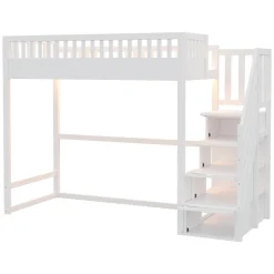 Lit mezzanine 90x200 cm avec échelle de sécurité - avec barrières de sécurité - lumières LED - blanc (sans matelas)